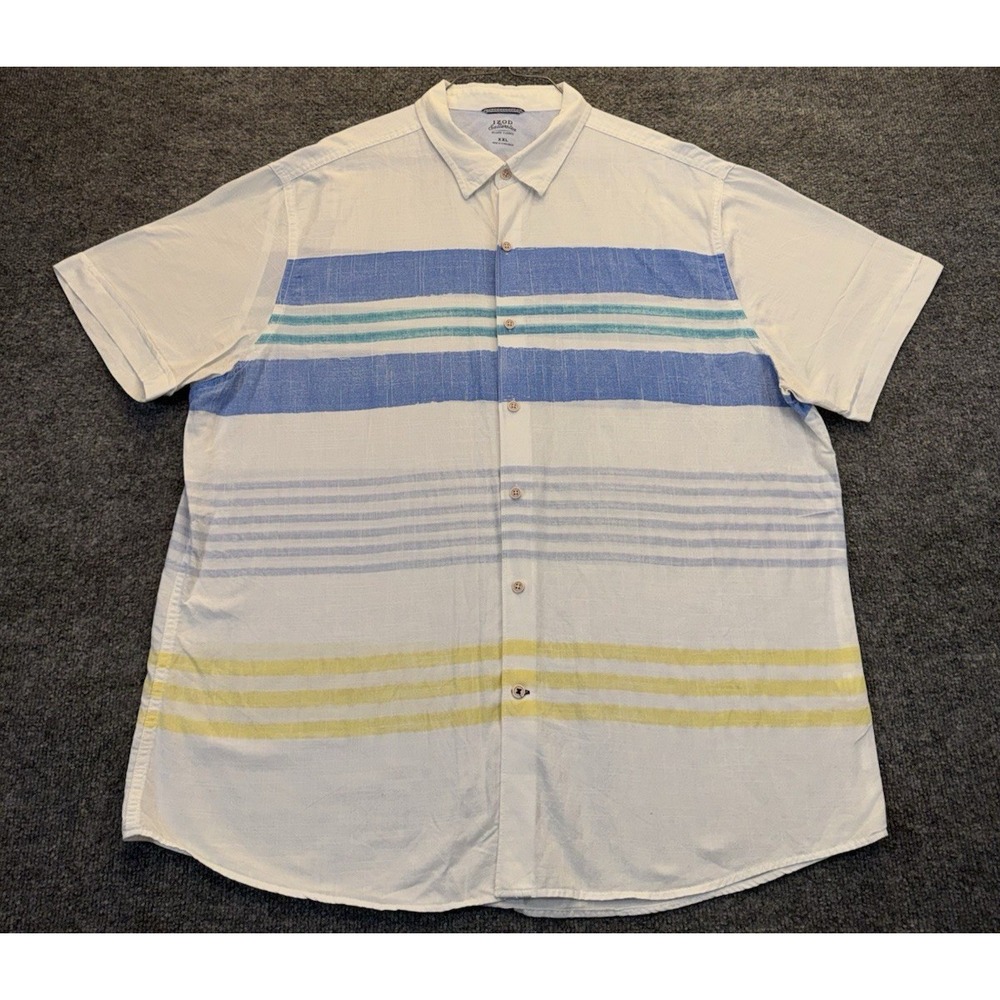 IZOD Saltwater Men's XXL White Blue Yellow Stripe Short Sleeve Button Shirt